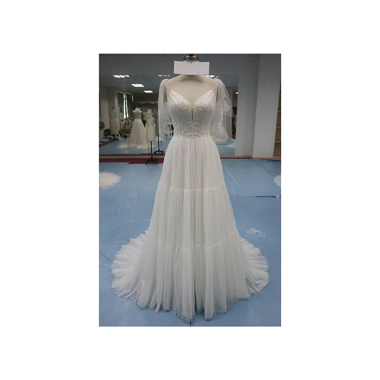 Hot selling top chiffon wedding dress lace decal simple elegant ivory white wedding dress