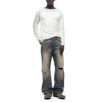 Jeans en denim ample à jambe large pour homme, style japonais, délavé, vieilli, déchiré, ourlet effiloché, design de patch