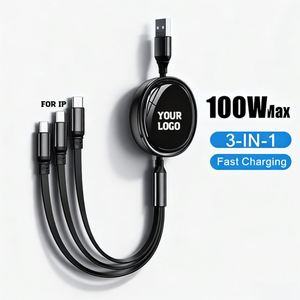 OEM Gift Logo 1.2M 3 in 1 Nylon Braid Data <b>Cable</b> 100W TPE Multiple Retractable <b>USB</b> <b>Charging</b> <b>Cable</b> for Phone/<b>Type</b>-<b>C</b>/Android - Product Image 1