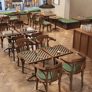 Bàn ghế quán cà phê phong cách retro, kết hợp bàn gỗ và ghế, mặt bàn đá gạch, bàn vuông kiểu bar phương Tây, bàn ghế nhà hàng kiểu phương Tây - Product Image 1