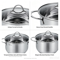 Ensemble de casseroles en acier inoxydable de style américain, écologique et moderne, 8 pièces, avec couvercle en verre, sans revêtement, compatible induction