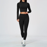 Ensemble de yoga 2 pièces pour femme : veste courte zippée à col montant en maille côtelée sans couture, très extensible, séchage rapide, respirante et leggings longs