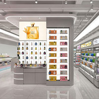 Aménagement moderne de magasin de cosmétiques : îlot incurvé avec étagères LED intégrées pour l'aménagement intérieur de magasins de détail K-Beauty multi-catégories