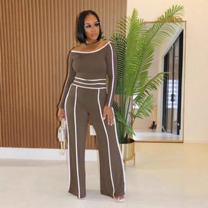 Conjunto de Pantalones Anchos de Cintura Alta y Top de Hombros Descubiertos para Mujer, Estilo Casual, en Algodón Elástico con Detalles en Contraste - Product Image 6