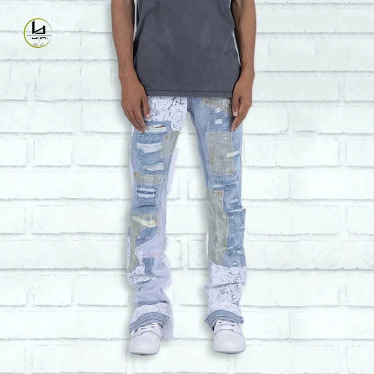 Manufacturer customized fashion high street jeans men designer style ripped patchwork stack denim pants lace flared jeans