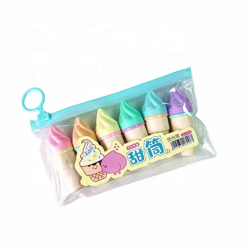 الكورية نمط 6 ألوان البلاستيك هيئة الآيس كريم مصغرة هيغليغتر مع طرف إزميل للمدرسة إمدادات الأطفال هدية
