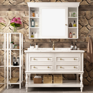 Meuble de salle de bain en bois massif bleu, style rétro américain, peinture laquée, lavabo intégré en céramique - Product Image 4