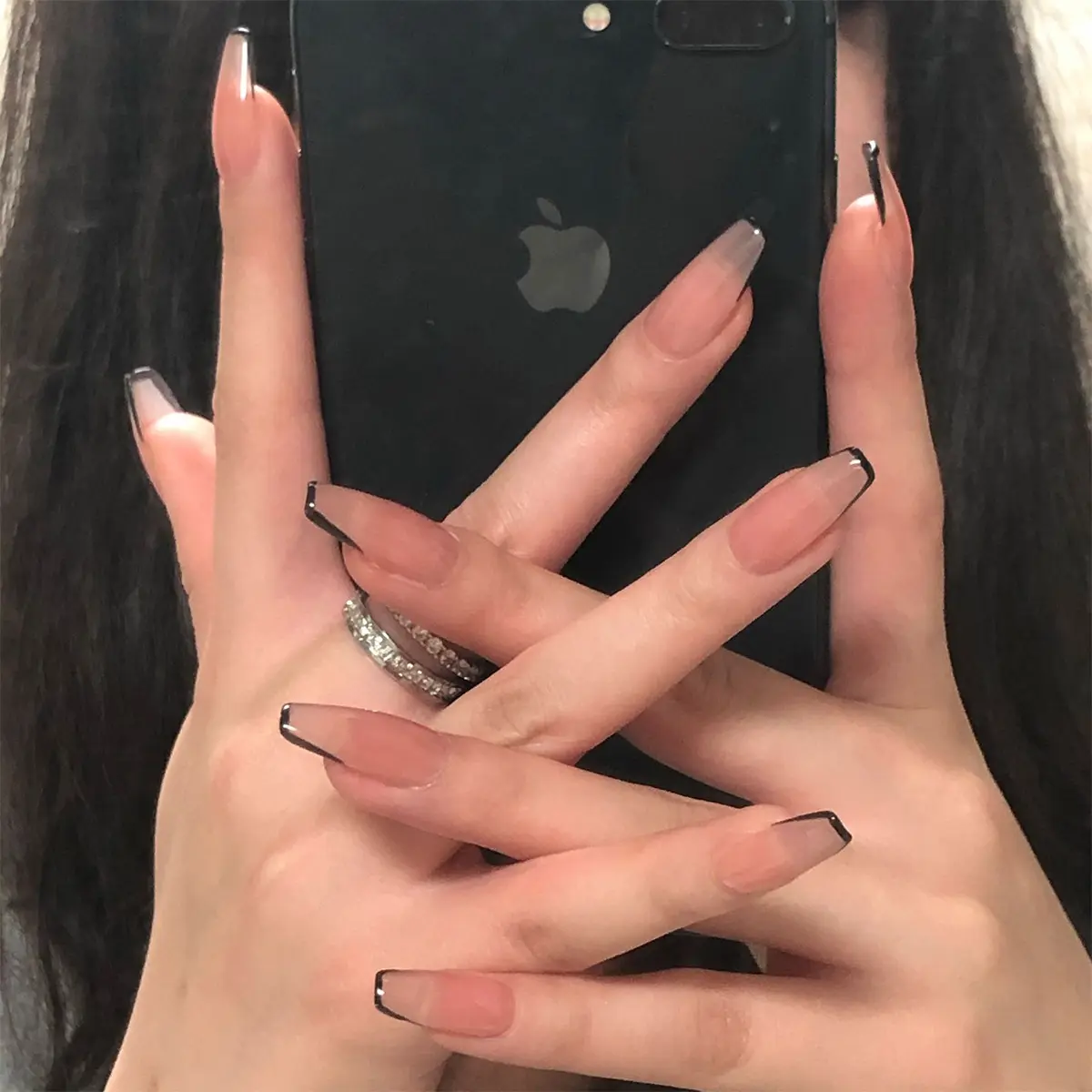 Alta qualità 24 pz/scatola nudo trasparente stile francese nero disegni unghie finte Creative Nail Design