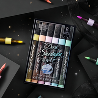 Stylos surligneurs scintillants Aurora encre-noire 6 couleurs, pastel étoilé foncé, avec design galaxie