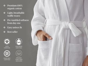 Custom White <b>Waffle</b> Breathable Hotel Bath Robe 100% Cotton Slippers Set Unisex with Logo - Product Image 2