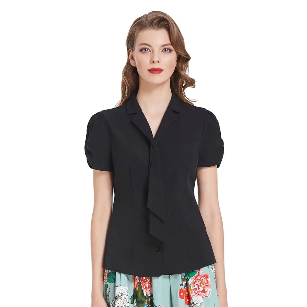 BPS02071 बीपी महिला क्लासिक शैली टाई सजाया शर्ट में सबसे ऊपर लघु आस्तीन पायदान अंचल घुमावदार हेम ब्लाउज