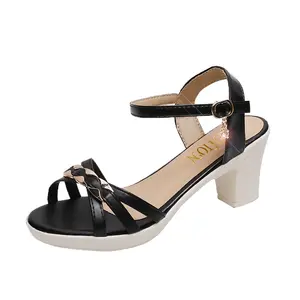 Wholesale Fashion women's shoes 2024 Summer shoes women heels new thick heel midheel metallic trim black high heel shoe jobs