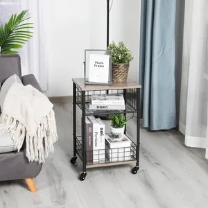 Multifunctional Storage Holder Rack Rolling 2 Tier Wood Metal Wire Cart Organizer Cart With Wheels