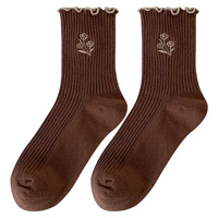 Curry Bois Oreille Dentelle Mi-mollet Coton Chaussettes & Automne & Hiver Dentelle Mignon Broderie Vintage Petite Fleur Pile Femmes Chaussettes de Sport