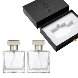 Glazen Navulbare Parfumfles Draagbare Vierkante Lege Glazen Parfum Gouden Spuitglas Verstuiver Fles 25/50Ml Met Verpakkingsdoos