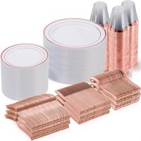 Services de vaisselle jetables de luxe sans BPA avec bordures or rose et couverts argentés tout compris pour les fournitures de mariage et de fête