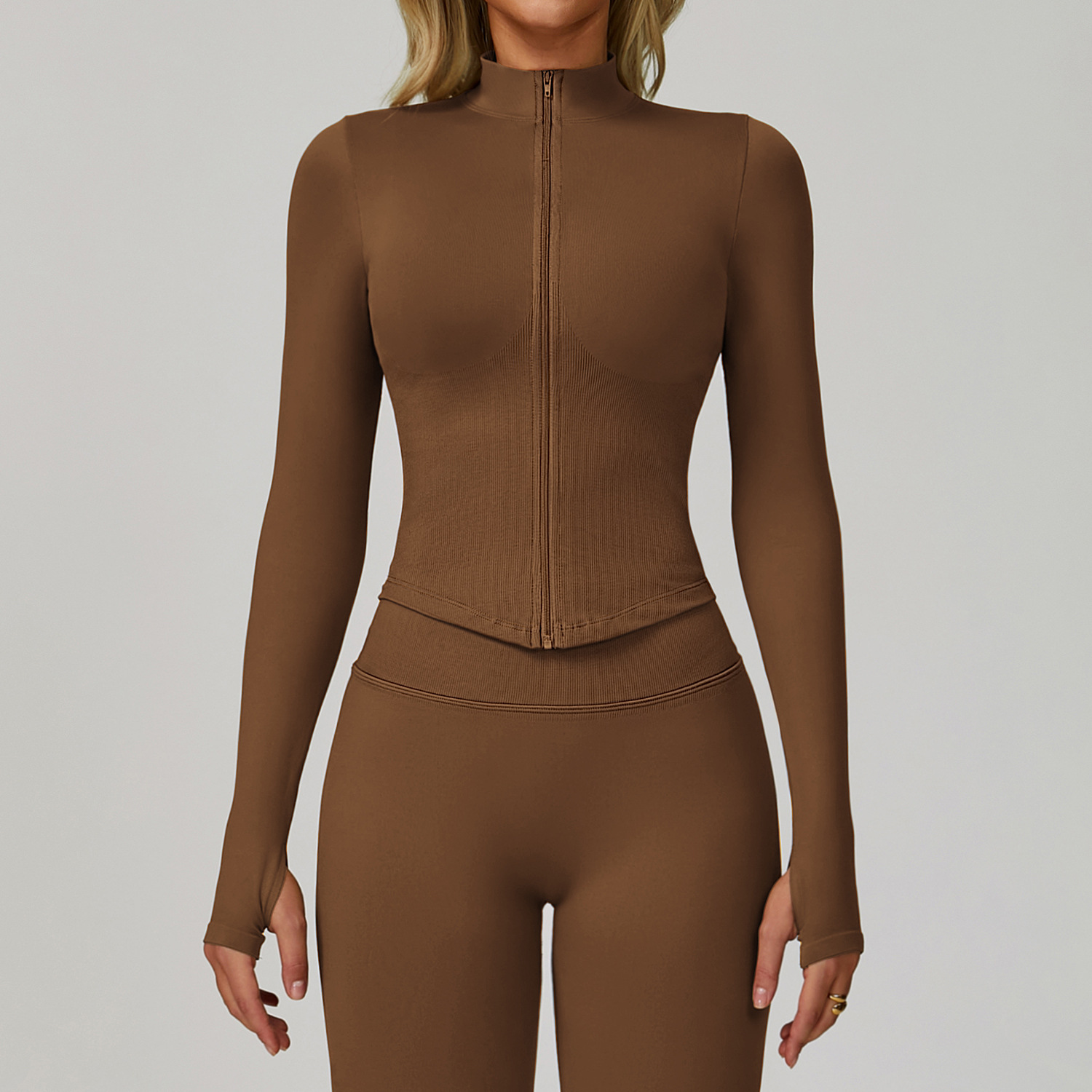 Women's Stand Collar Zipper Long Sleeve Yoga Jacket Breathable Four-Way Stretch Yoga Wear Tight-fitting Quick-drying Outdoor