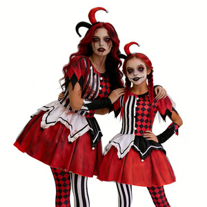 Halloween Clown Costume Set For Girls And Women Parent Child Matching Outfit Red Black <b>Checkered</b> Dress With Hat And <b>Tights</b> - Product Image 2