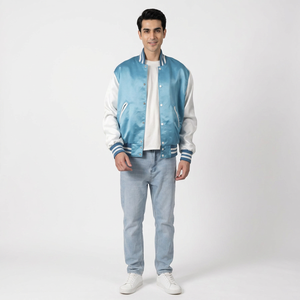 FINER THREADS <b>Mens</b> Light Sky Blue Satin Varsity Bomber <b>Jacket</b> <b>White</b> Sleeves Front Custom Snap Button Twill Patches Chenille - Product Image 1