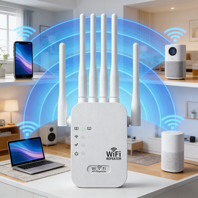 300M 6 Antennas WiFi Extender Repeater 2.4G 2RJ45 Ports Strong Wall Penetration Universal Compatibility 80-120sqm Coverage