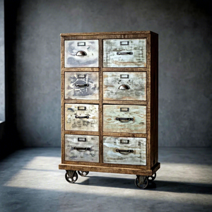 Industrial Wooden Iron Cabinet <b>on</b> <b>Wheels</b> Vintage Rolling Storage <b>Chest</b> 08 <b>Drawer</b> Rustic Metal Filing Organizer Furniture - Product Image 1