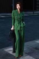 Ensemble deux pièces élégant pour femme, style Old Money, vert, taille XL, printemps-automne, en lin peigné, pantalon ample à jambes larges, idéal pour le bureau