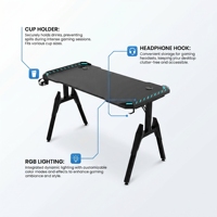 Bureau de jeu en gros avec surface en fibre de carbone RGB, cadre métallique en forme de T, table de jeu avec porte-gobelet pour la maison et le bureau