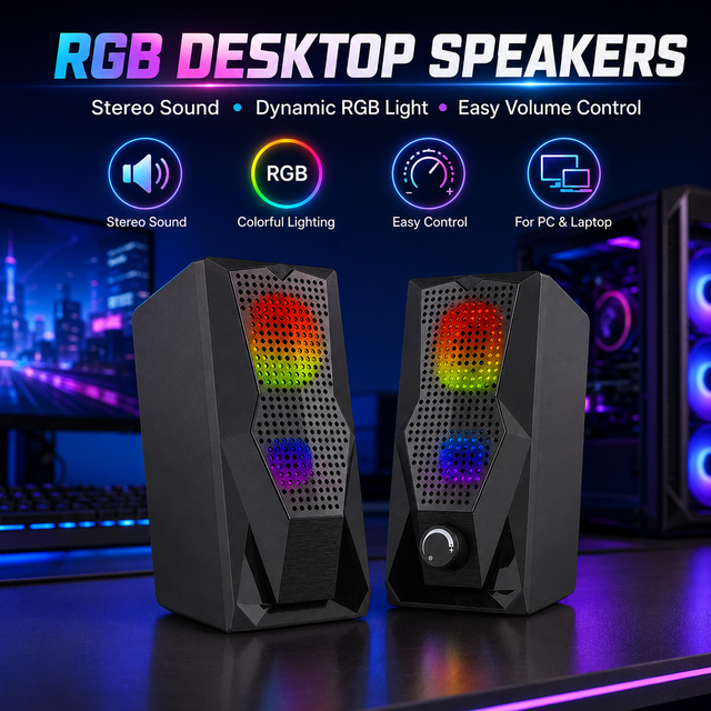 Computer Speakers RGB Multimedia Gaming Speakers for PC 2.0 Wired USB Powered Stereo Volume Control Dual Channel AUX 3.5mm