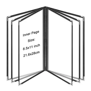 8.5*11inch Leather Menu Cover Restaurant Waterproof Recipe Book Transparent Menu Holder With Silver Corner