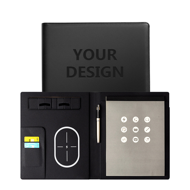 2026 Custom Logo A5 Luxury PU Leather Portfolio Organizer with Power Bank and Wireless Charging Pad Smart Notebook Gift Set