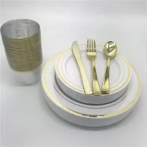 Placas de jantar luxuosas de plástico, conjunto de jantar banhado a ouro, placas de jantar de plástico para casamento