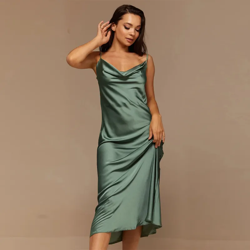 Clothing Manufacturers Custom Womens Summer Clothes Spaghetti Strap Prom Satin Pleat Straight Dress
