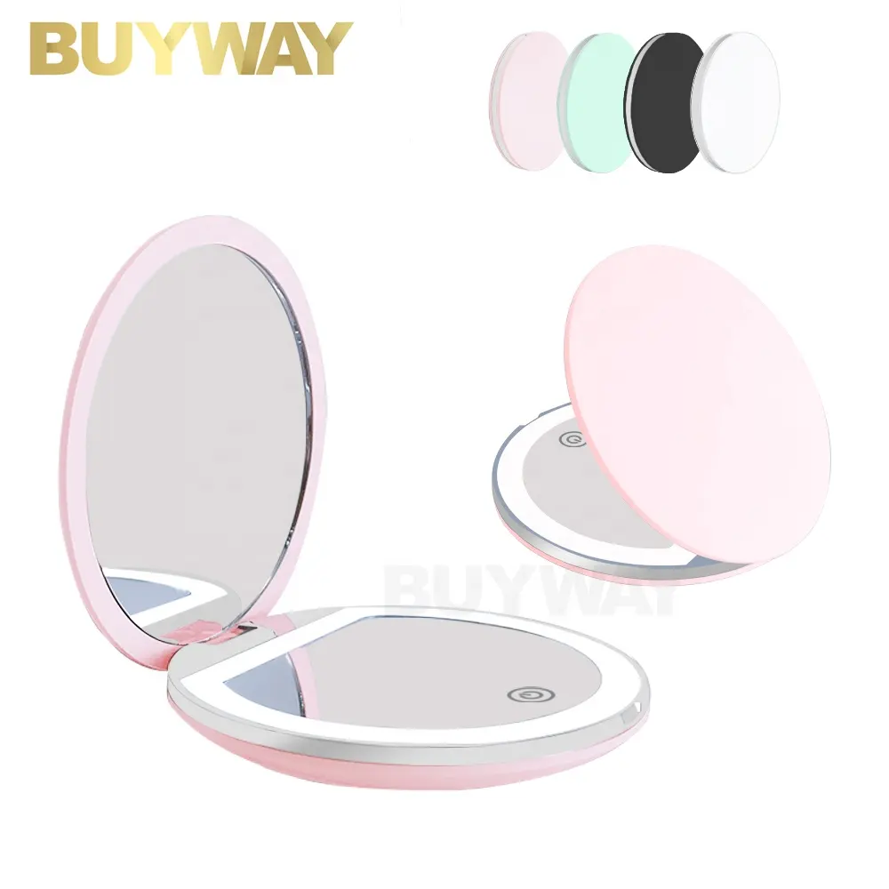 Usb Oplaadbare Draagbare Reis Handheld Pocket Custom Logo Opvouwbaar Led Licht Cosmetische Slimme Touchscreen Make-Up Spiegel