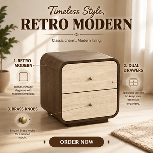 Modern Dark Walnut <strong>Bedside</strong> <strong>Table</strong> with <strong>Yellow</strong> Travertine Top Luxury Nightstand for Bedroom Minimalist Wooden Storage Furniture - Product Image 1