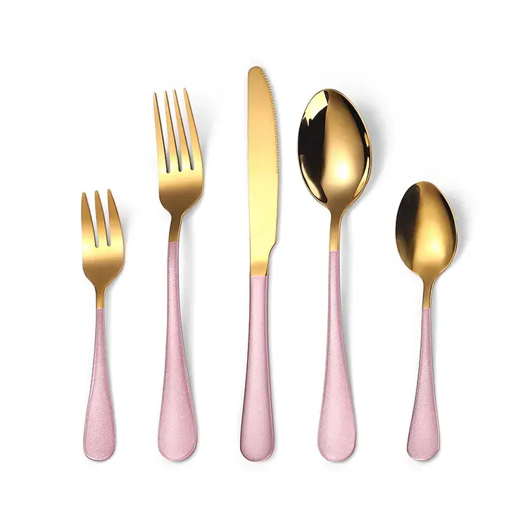 Đầy Màu sắc xử lý màu hồng bạc Set với bít tết dao thép không gỉ Flatware thiết lập dao kéo cho 5 muỗng nĩa dao