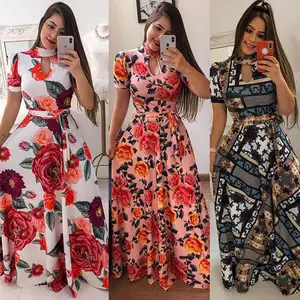 2024 Zomer Casual Korte Mouwen Lange Bloemenprint Herfst Maxi Jurken Vrouwen Vestido De Florido