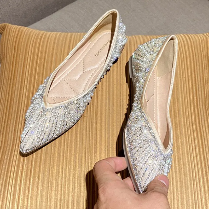 뜨거운 판매 대형 라인 석 럭셔리 진주 슬립 로퍼 사무실 레이디 모카신 Sepatu 2022 플랫 신발 여성