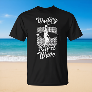 T-shirt en coton noir pour hommes avec citation sur le surf et la vague parfaite - Product Image 3