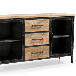 Aparador de la mejor calidad con 2 puertas de vidrio y 3 cajones, acabado natural, material de metal/madera de mango. - Product Image 6