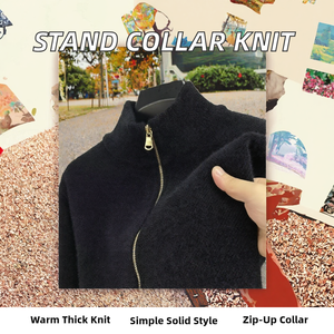 Cardigan en tricot épais à col montant et fermeture éclair pour homme, couleur unie, idéal pour l'automne - Product Image 2