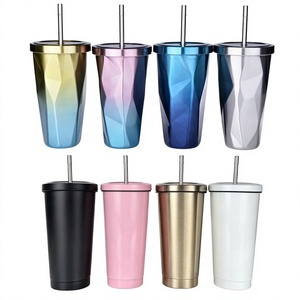 Vaso con Pajita de 500 ml con Diseño de Diamantes, Taza de Café de Acero Inoxidable con Aislamiento al Vacío de Doble Pared, con Pajita de Metal y Logotipo Personalizado - Product Image 1