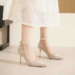 Bridal Pumps Pointed Toe Stiletto Heel Ankle Strap Pearl Bead <b>Decor</b> High Heel Wedding <b>Shoes</b> Comfortable Satin Lining 6681Y - Product Image 4