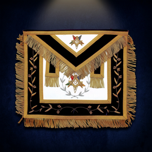 Tablier maçonnique brodé or, Régalia franc-maçon en velours noir avec franges à pompons, compas carré et symbole G - Product Image 1