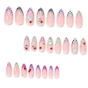 Faux ongles à presser réutilisables et détachables, motifs pois, rayures, étoiles colorées et strass, style français, pour soirée - Product Image 2