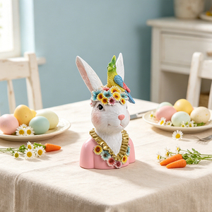 Redeco - Figura Decorativa de Conejo de Pascua Hecha a Mano, Busto de Resina con Corona de Flores <span class=keywords><strong>y</strong></span> Adorno de Pájaro para Decoración de Primavera en el Hogar - Product Image 2