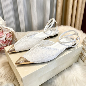 Chaussures plates élégantes en dentelle florale pour femmes, à bout pointu et talon doré, avec bride de cheville, idéales pour mariage et soirée, confortables, en maille, pour l'été - Product Image 4