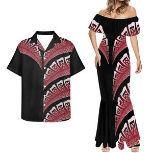 Chemises pour hommes et robe de cocktail samoanes et fidjiennes, 2 pièces, motif tribal <span class=keywords><strong>polynésien</strong></span>, <span class=keywords><strong>tatouage</strong></span>, taille plus, robes pour femmes, vêtements d'été pour couples - Product Image 3