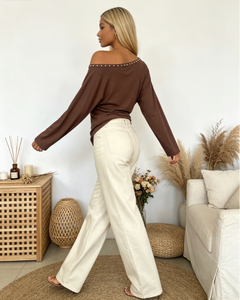 Haut élégant et stylé pour femme, personnalisable, à épaules dénudées, orné de clous, à manches longues, coupe ample, polyvalent, pour le quotidien - Product Image 3
