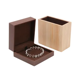 Custom Wooden Leather Brown Mini Bangle Bracelet Jewellery Wood Storage Box Walnut For Wholesale