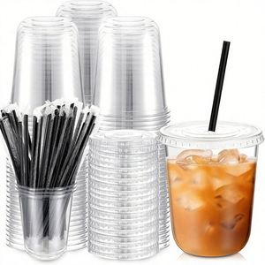 2000 Sets Gobelets à café glacé transparents en PET de 14 oz avec fond en U anti-déversement, couvercles et pailles pour boissons froides, jus et fournitures de fête - Product Image 1